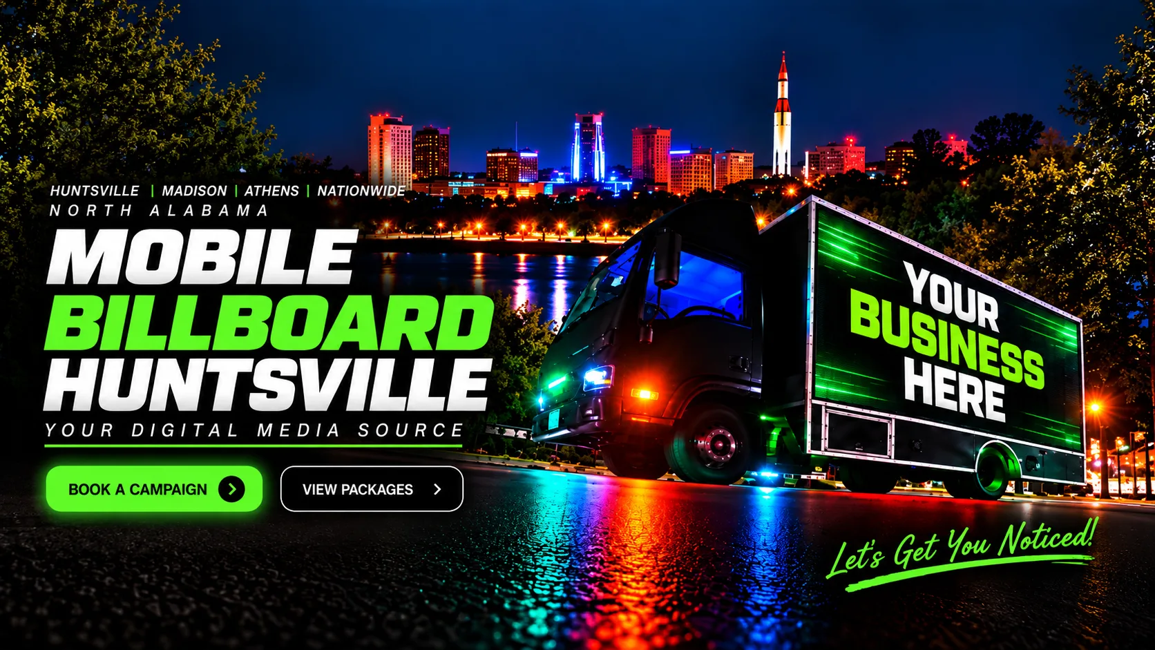 Mobile Billboard Huntsville advertising truck with Huntsville Alabama skyline